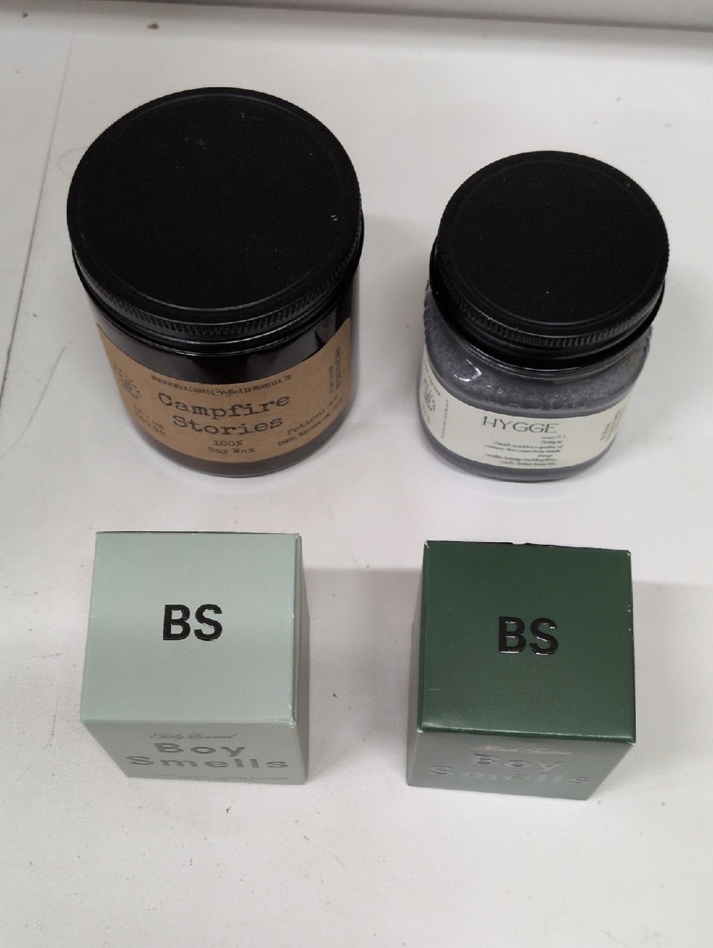 Campfire Stories & Hygge Black-Lid  & Boy Smells  Candles. 4 Candles New.